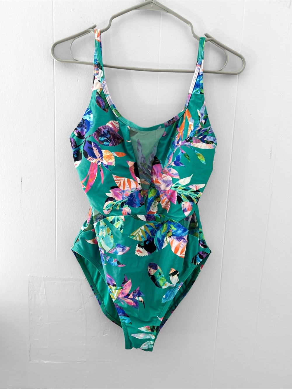 La Blanca Havana Tropics Mesh Inset One Piece Swimsuit Teal Green Floral Sz 12